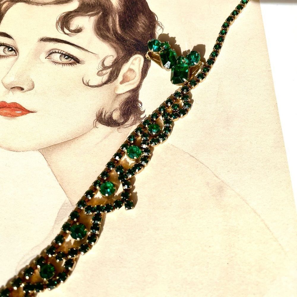 ♥️ Emerald green rhinestone necklace, earrings parure set 1950s PRICE FI…